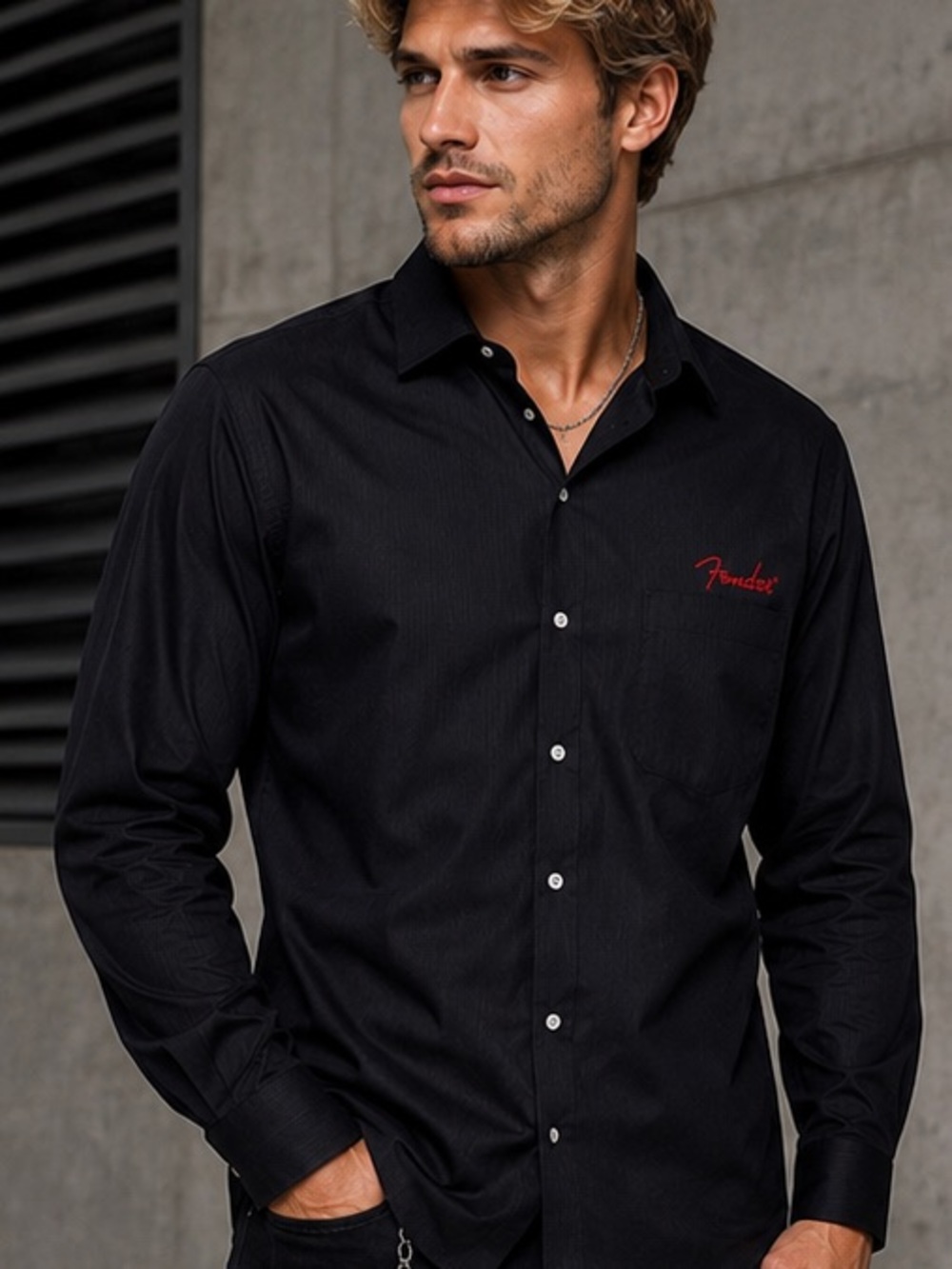New Fender Branded Black Long Sleeve Button-Up Shirt Size S